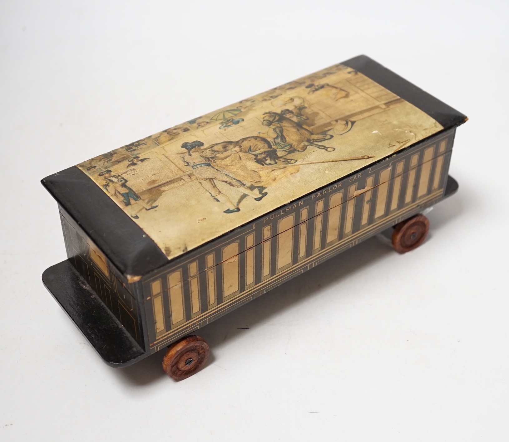 A Clark & Co ‘coach’ box for sewing cottons, in the shape of a first class Pullman railway coach, 26cm